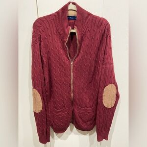 Paul Fredrick Mens Burgundy Zip-Up Sweater with Tan Elbow Patches Size Large